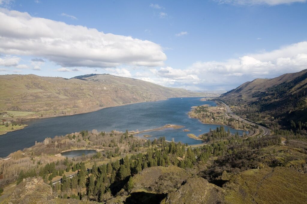 The Columbia River winding through the dry eastern Gorge between grassy basalt slopes, seen from the high viewpoint at Rowena Crest