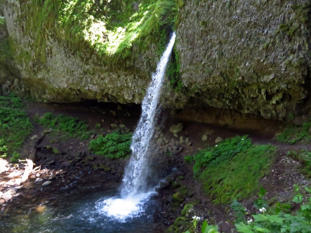 A slender waterfall shooting from a notch in a basalt overhang into a pool, with the trail visible behind it