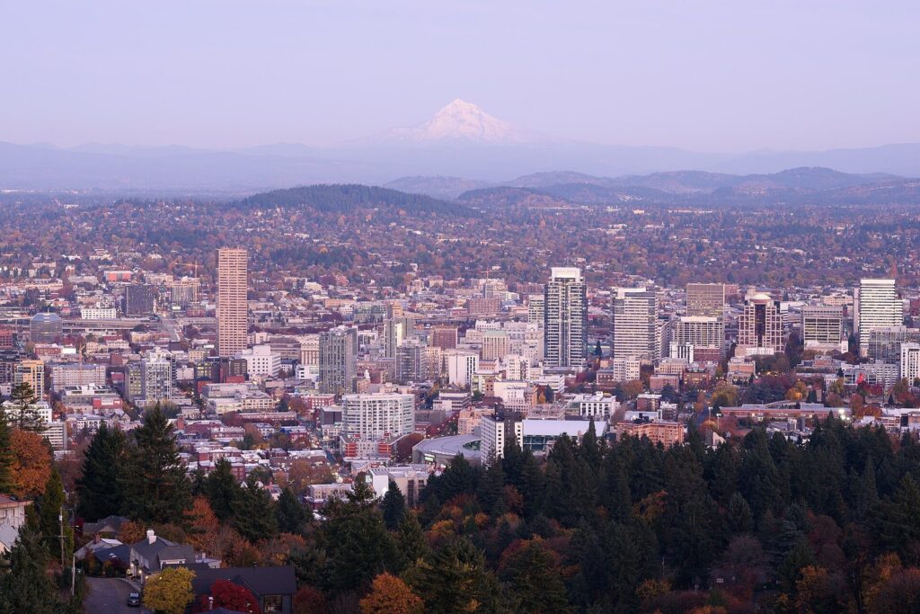 Downtown Portland's towers and the east side stretching toward snow-capped Mount Hood, seen from the West Hills in autumn