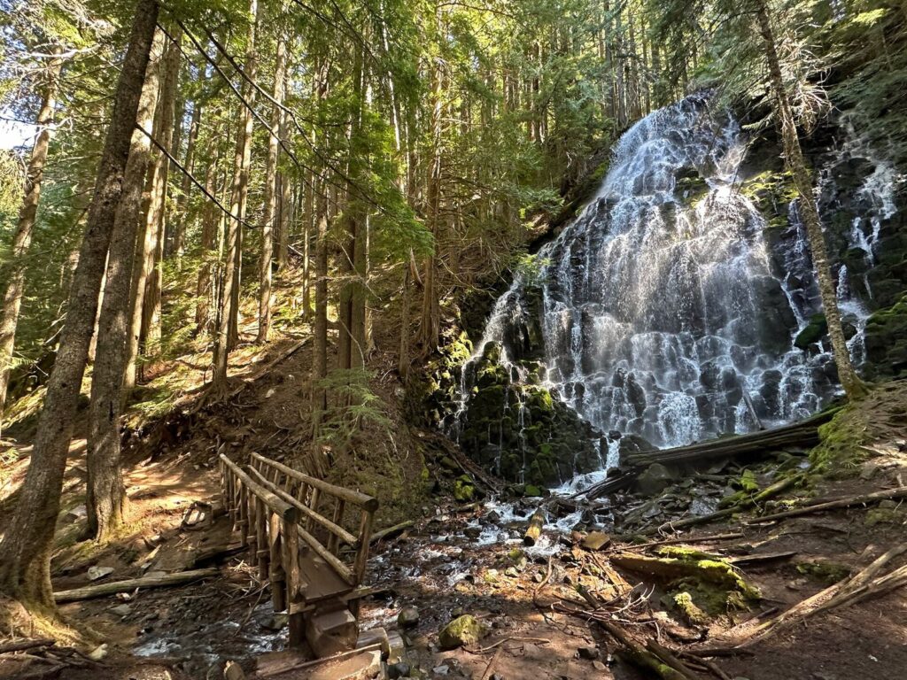 A wide, lacy waterfall spreading over dark stepped rock in a sunlit forest, with a small footbridge below