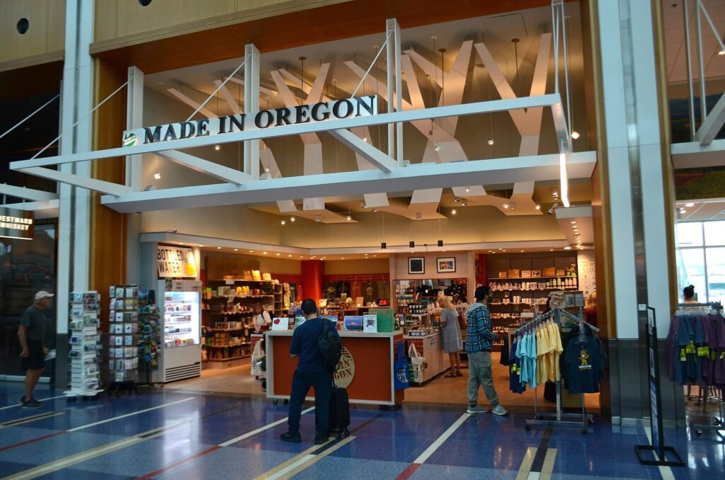 Travelers browsing the Made in Oregon store inside the airport terminal, with T-shirts and gifts on display