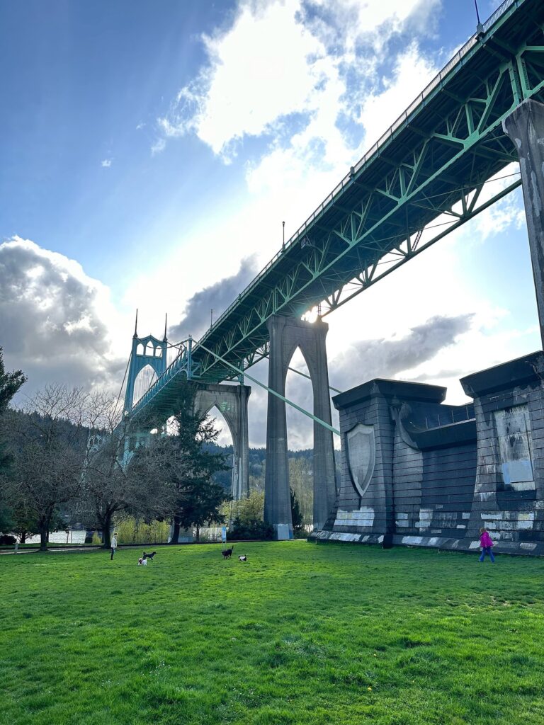 The green steel towers and arches of the St. Johns Bridge rising over a grassy lawn on a sunny day